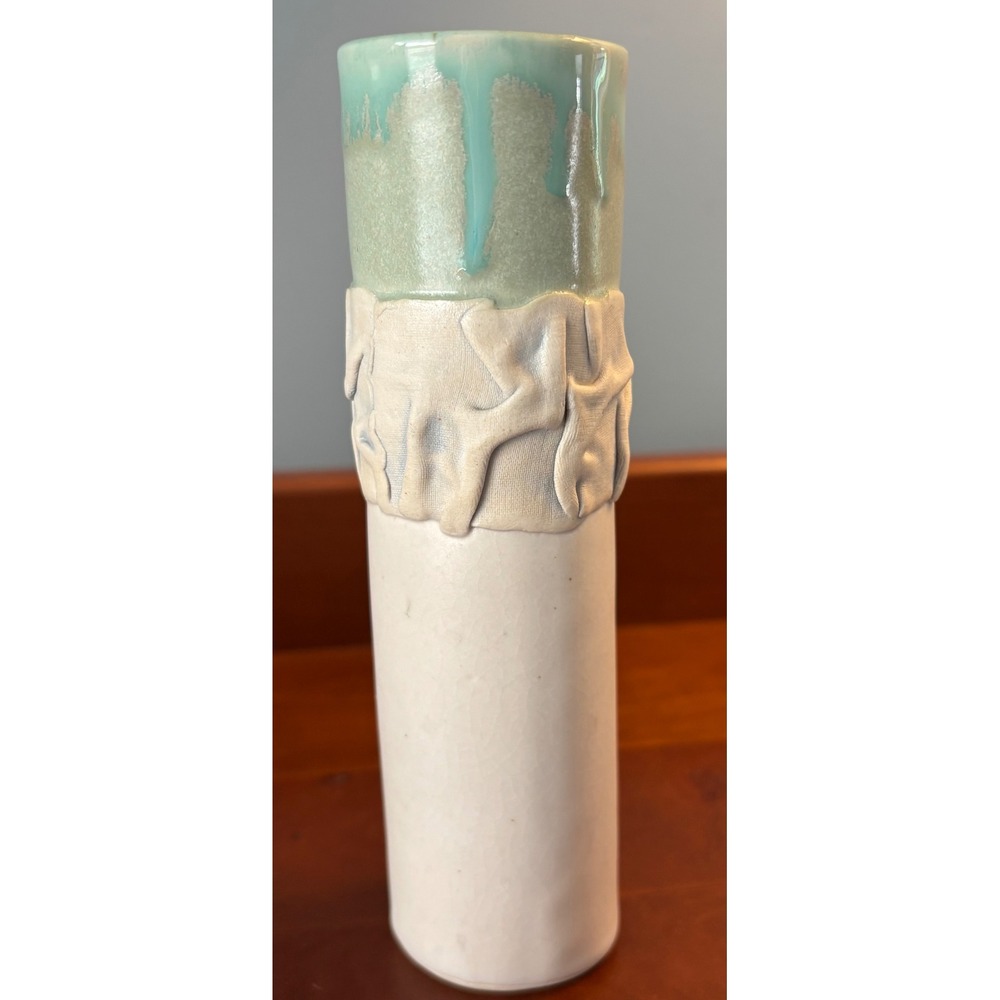Don Drumm Studios Signed Ceramic Bud Vase Seafoam Green Drip Glaze 7 Inch